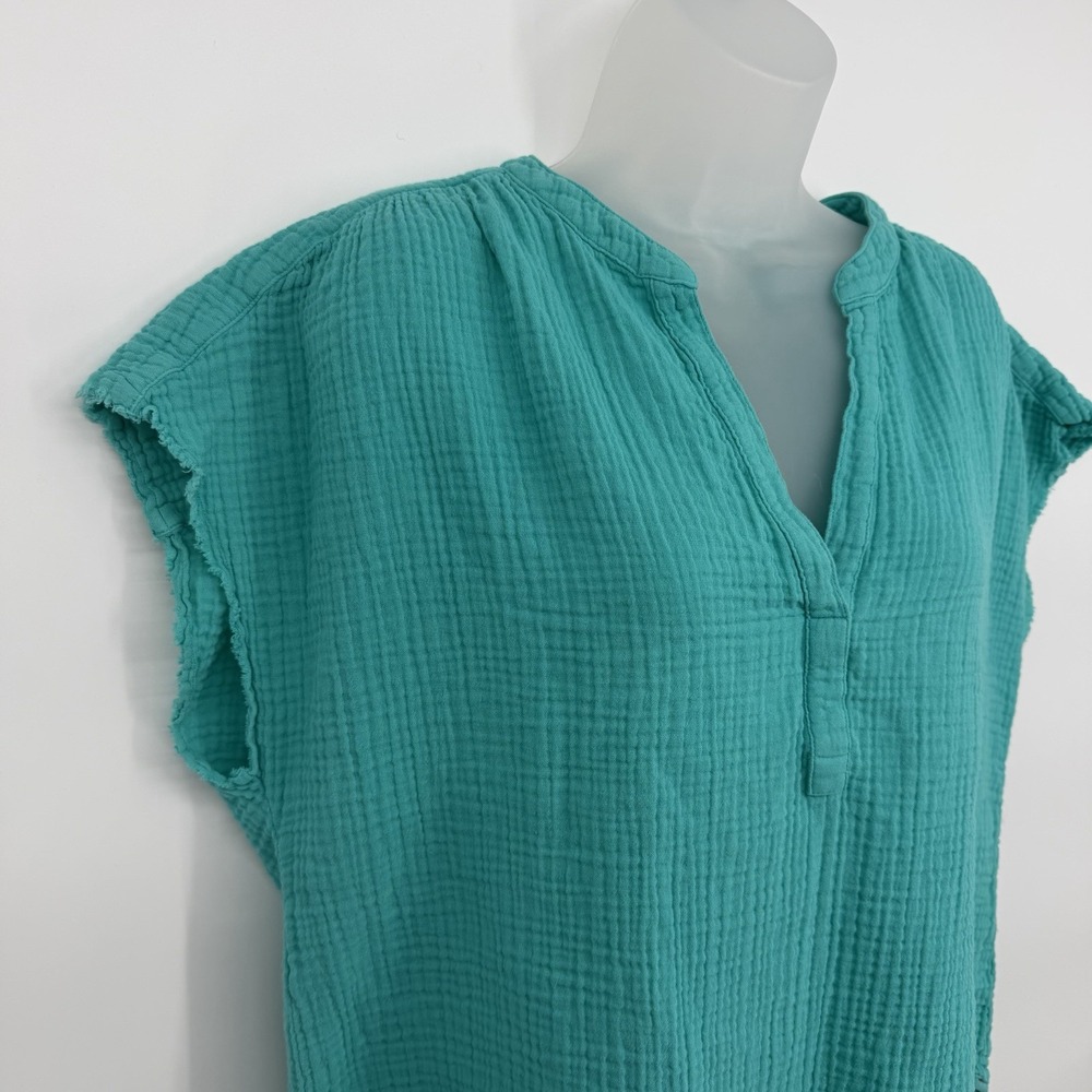 Xirena Sz M Teal V Neck‎ Short Sleeve Top Popover Cotton Gauze Cap Sleeve Blouse - Picture 4 of 7